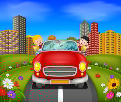 Man and family driving a car on the road vector