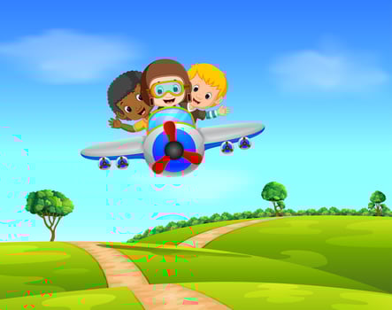 Three boy flying a plane vector
