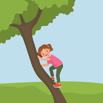 cute little girl climbing big tree in the park vector