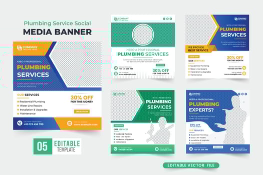 Expert plumbing service social media post collection with abstract shapes. Modern plumber and handyman business promotional template bundle for online marketing. House maintenance service template set vector