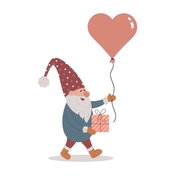 Cute Scandinavian gnome holding a heart shaped balloon and gift and going in the holiday. vector