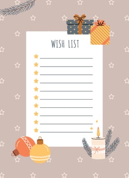 Cute Christmas wish list. Festive gift boxes. Candles and stars. Christmas tree decorations and branches vector