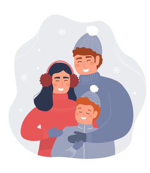 Happy family hugs. Mom, dad, son in winter together in warm clothes. Vector graphics.
