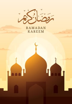 Ramadan kareem with mosque and hand drawn calligraphy lettering vector