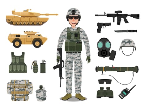 Army soldier character with military vehicle, weapons, military gear and equipment vector
