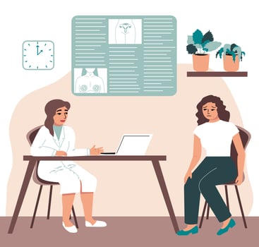 Woman at a doctor's appointment.  Modern clinic. Mammalogist or gynecologist consultation. Vector