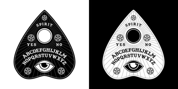 Ouija Board in Pointer shape for halloween party. Planchette play for calling souls and demons. Ghosts and demons calling game wth gothic typography. Black and white symbols of moon ,sun, texts. vector