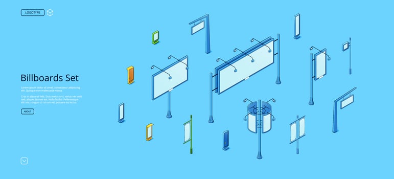 Billboards isometric web banner, street signboards vector