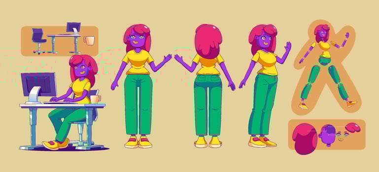 Girl character for animation, woman side and front vector
