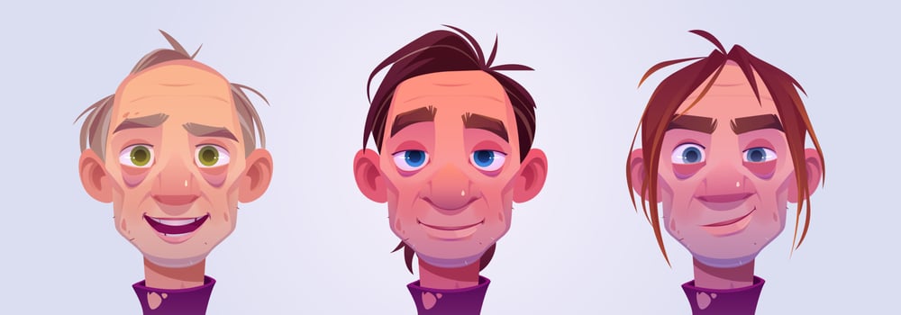 Beggar men avatar, homeless bum or wino character vector