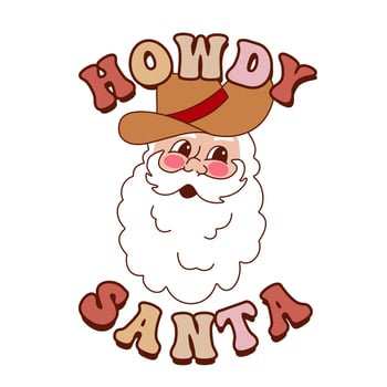 Howdy Christmas retro vintage Santa Claus with cowboy hat. Groovy Santa in 70s style. vector