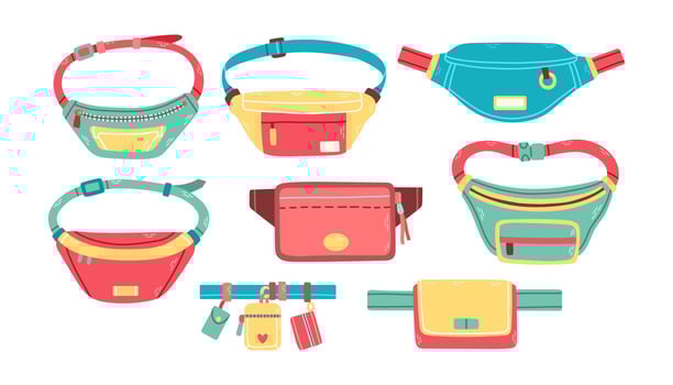 Trendy waist bags set of different shape and color unisex items with zippers isolated vector illustration