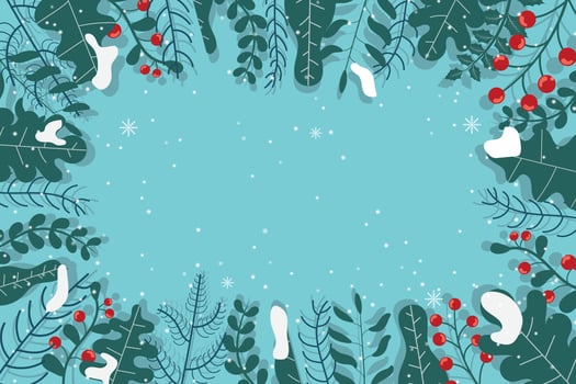 Christmas composition. Christmas decor, pine cones, fir branches and showflakes on green background. Flat lay, top view, copy space. vector