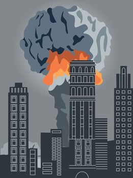 Nuclear explosion. Large mushroom cloud in the city. Atomic bomb, nuclear weapons and global war. radioactive disaster. Vector illustration. Symbol of war, end of the world. Stop nuclear weapons.