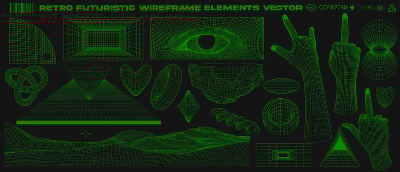 Retro futuristic grid, wireframe, abstract geometry, brutalism, rave design elements collection vector