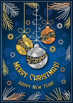 Greeting card template Merry Christmas and Happy New Year. Christmas balls, tree needles, sparkles on blue background. Ornaments made of gears, shiny silver metal plates, rivets in steampunk style. vector