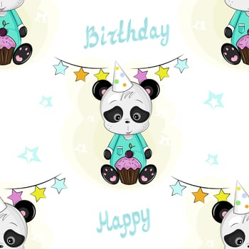 seamless pattern with cute panda birthday vector