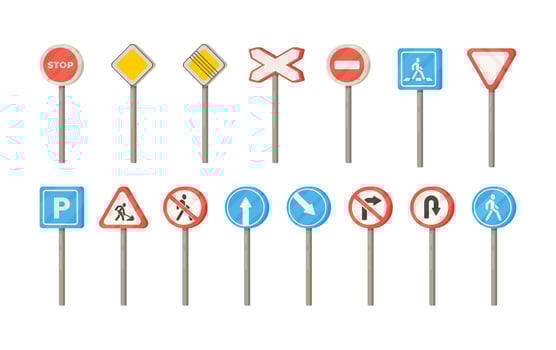 Illustration of various road signs isolated on a white background. Set of road signs, flat design, traffic safety vector