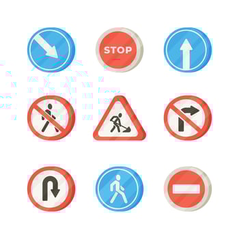 Illustration of various road signs isolated on a white background. Set of road signs, flat design, traffic safety. vector