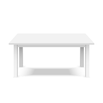 Empty top of white plastic table isolated on white background. For product display template. Vector 3d table for object presentation.