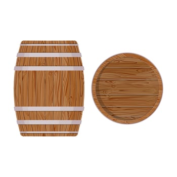 Wooden barrel with iron rings. Isolated on white background. Vector wood beer