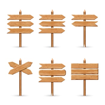 Wooden arrow signs board set. Vector wood signboards plank road