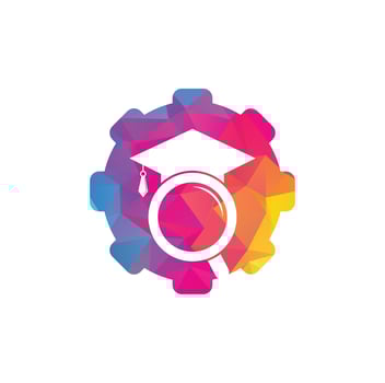 Search education gear shape concept logo. Graduate Hat and Magnifying Glass logo design. Student finder vector logo template.