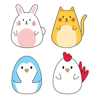 Set of rabbit, penguin, cat and chicken. cute animals cartoon. pastel color. vector illustration
