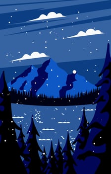 Night Winter Forest With Mountains Background vector