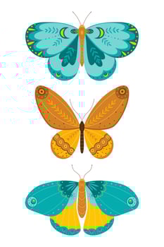 Butterflies set in hand drawing style. A variety of butterflies on a white background. Vector illustration