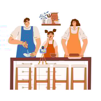 A happy family is making a video for a food blog. Mom, dad and daughter cook food in the kitchen together. Vector illustration in hand drawn style.