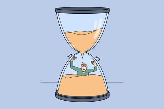 Stressed man sinking in sandglass losing time. Male in despair in hourglass miss deadline. Time organization and schedule. Vector illustration.