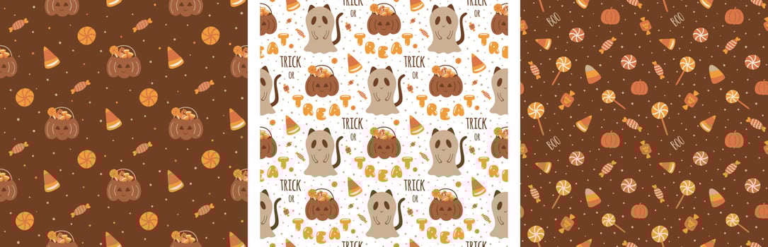 Candies halloween pattern set. Sweet Halloween candy seamless patterns collection. Trick or treat background. Cute cartoon Halloween candy wrapping paper. Pumpkin, ghost vector illustration wallpaper.