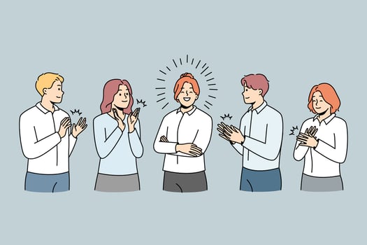 Happy colleague applaud greeting successful businesswoman with personal work achievement. Smiling employees clap hands show acknowledgement to female leader. Vector illustration.