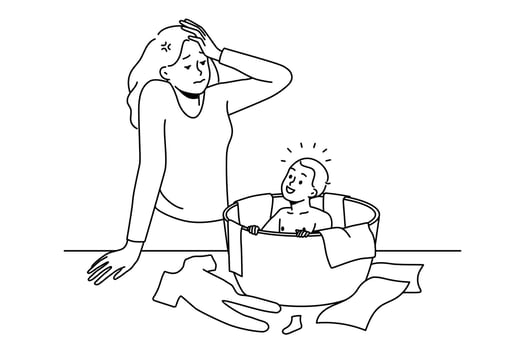 Stressed young woman feel tired with motherhood and small kid. Unhappy frustrated mother exhausted with toddler and parenthood. Vector illustration.