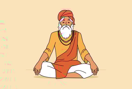 velho em roupas tradicionais, sentado em posição de lótus meditando. Iogue masculino idoso pratica ioga. cultura e tradição. ilustração vetorial. vetor
