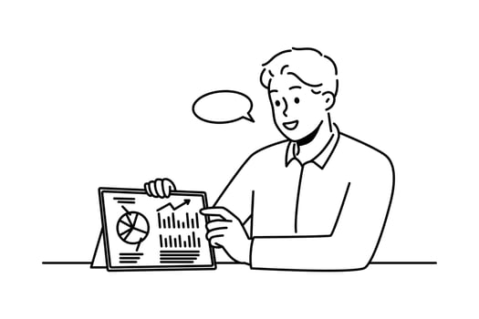 Businessman showing presentation on pad device. Smiling male coach or trainer present financial business project on tablet. Vector illustration.