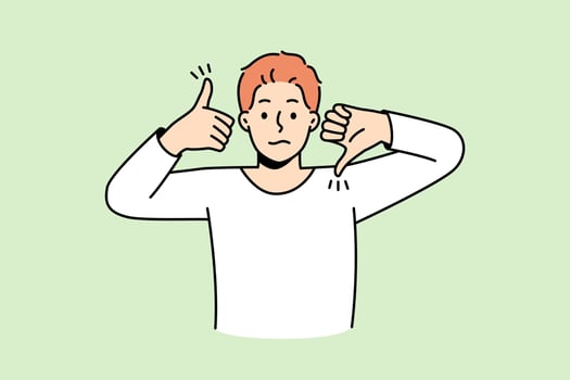 Frustrated man show like and dislike hand gestures demonstrate client feedback for service. Confused male feeling down and uplifted. Approval and disapproval. Vector illustration.