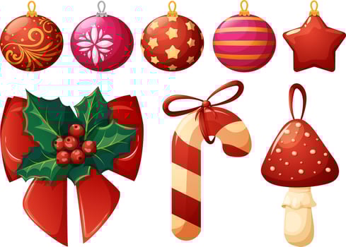Set of red Christmas tree toys, balls and decorations vector