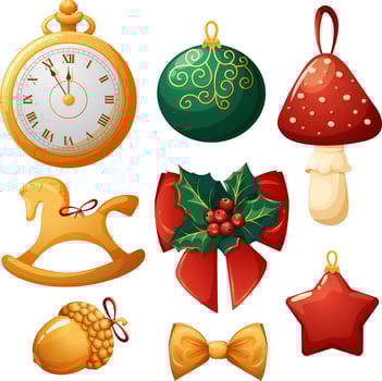Set of vintage Christmas tree toys and decorations in gold, red and green colors vector