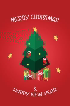 isometric Christmas banner template with Christmas tree and Christmas gift box vector