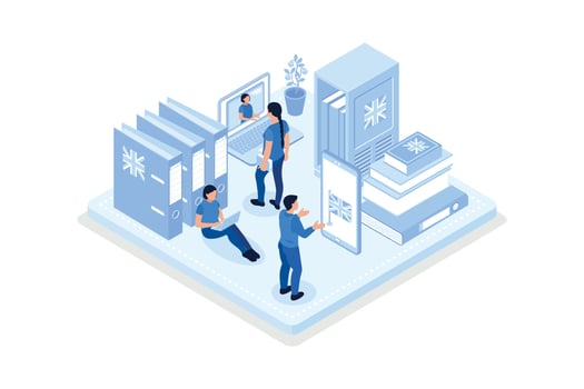 Students Learning English Language Online. People Characters Studying with Smartphone, Books and Practicing Reading, Listening and Speaking in English, isometric flat vector modern illustration