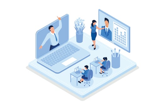 Students learning online at home. People characters having video call with teacher on laptop. Online education concept, isometric vector modern illustration