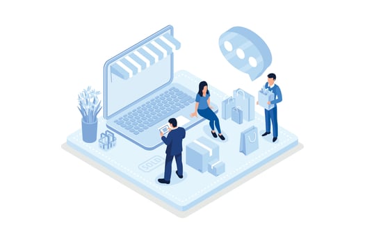 Character buying goods online on internet marketplace. Woman shopping online on laptop. Shopping and retail concept, isometric vector modern illustration