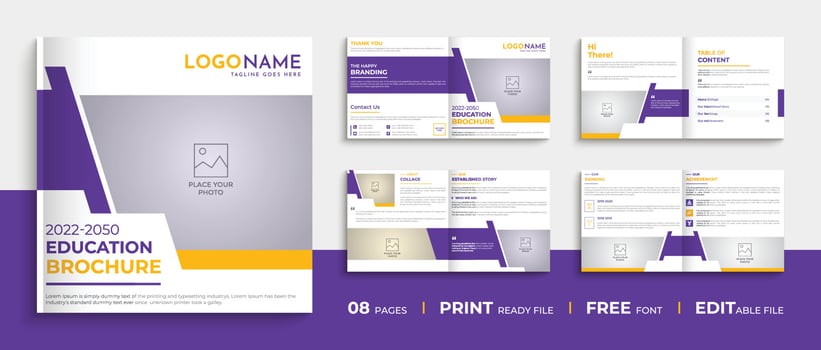 8 Page square school education brochure template design, modern multipage admission brochure design vector