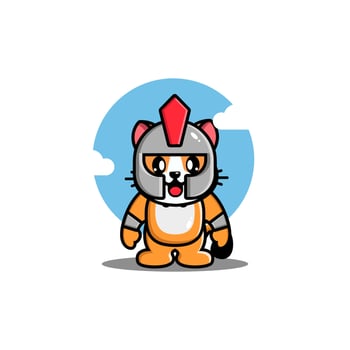 Cute cat gladiator cartoon icon illustration. animal hero icon concept isolated vector