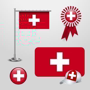 Switzerland Country Flag haning on pole. Ribbon Badge Banner. sports Hat and Round Button vector