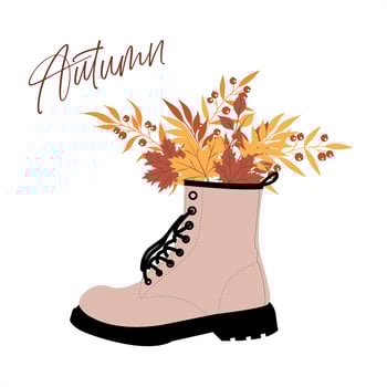 Autumn text. Holiday autumn leaves and branch with rowan berries in boots, autumn leaves. Happy thanksgiving. Good for card, poster, web banner and logo.Vector illustration vector