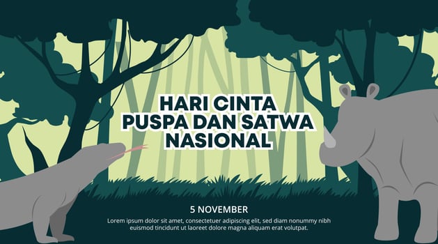Hari cinta puspa dan satwa nasional or Indonesia national plant and animal love day with forest and animals vector