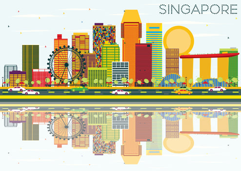 Singapore Skyline with Color Buildings, Blue Sky and Reflections. vector